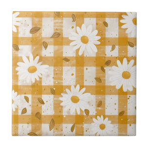 Witte Daisy Bloempatroon op Gele Gingham (2) Tegeltje
