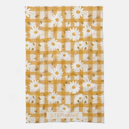 Witte Daisy Bloempatroon op Gele Gingham (2) Theedoek (Verticaal)