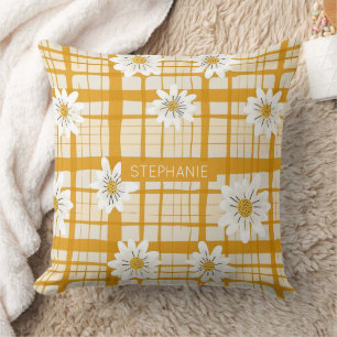 Witte Daisy Bloempatroon op Yellow Gingham Kussen