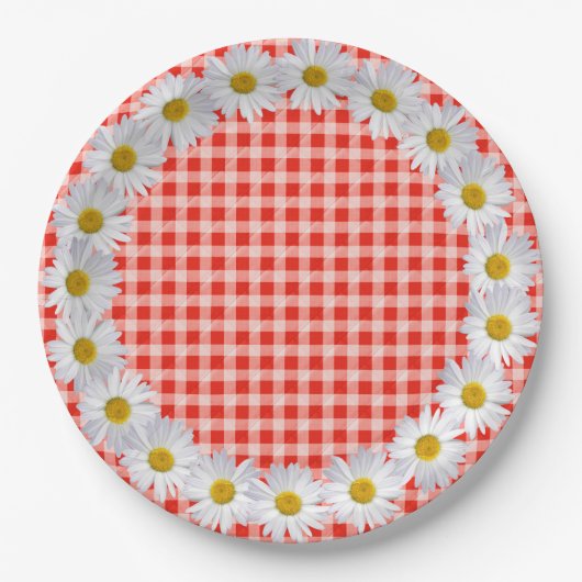 Witte Daisy Border op Gingham Papieren Bordje (Voorkant)