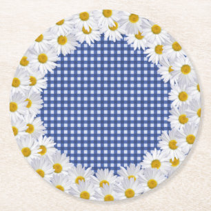 Witte Daisy Border op Gingham Ronde Kartonnen Onderzetter