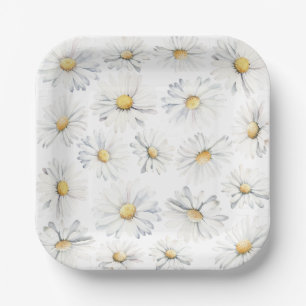 Witte Daisy Flowers Boho Elegant Leuke Waterverf Papieren Bordje