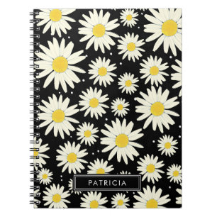 Witte Daisy Flowers Ontwerp Zwart Gepersonaliseerd Notitieboek
