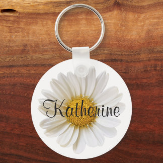 Witte Daisy met Aangepaste Naam Wit Sleutelhanger