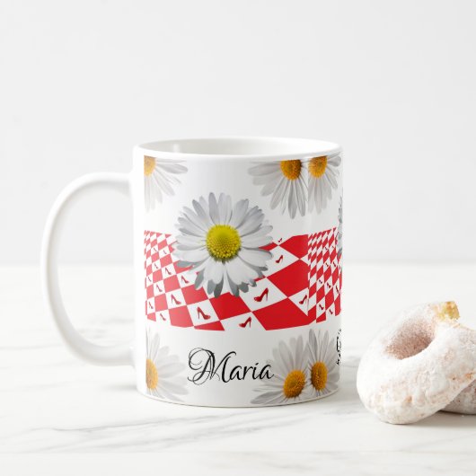 Witte Daisy Rood Geruite Mok (Met donut)