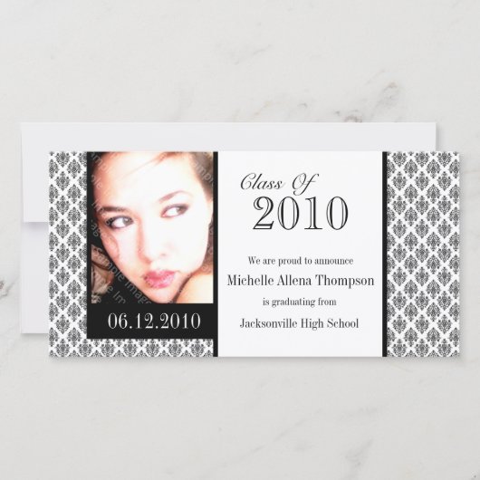 Witte Damask Afstuderen Aankondiging Fotokaarten (Voorkant)