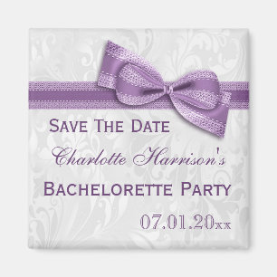 Witte Damask & Faux Bow Bachelorette Save The Date Magneet