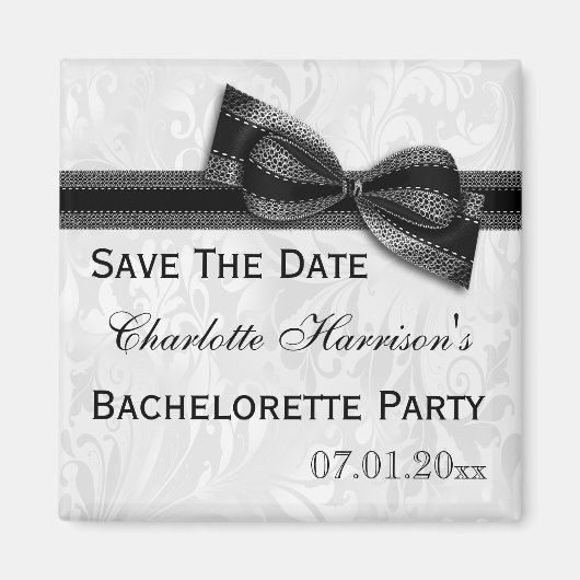 Witte Damask & Faux Bow Bachelorette Save The Date Magneet (Voorkant)