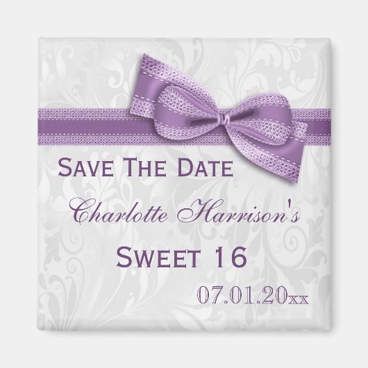 Witte Damask & Faux Bow Sweet 16 Bewaar de datum Magneet (Voorkant)