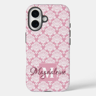 Witte Damask op stoffig Roos Monogram & Naam  iPhone 16 Hoesje