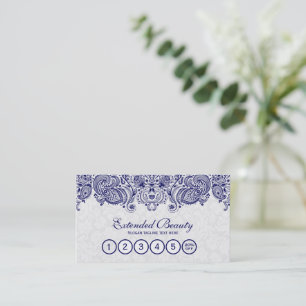 Witte Damasks & Blauw Bloemen Kant Loyaliteit Kaar Klantenkaartje