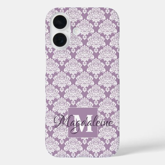 Witte Damast Dusty Paarse Monogram & Naam  Case-Mate iPhone Case (Achterkant)