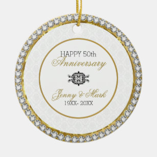 Witte damast en diamanten- 50ste Jubileum Keramisch Ornament