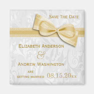 Witte Damast en Gouden Neppe Boog Save The Date Magneet