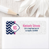 Witte damast en marineblauwe chevron etiket (Insitu)