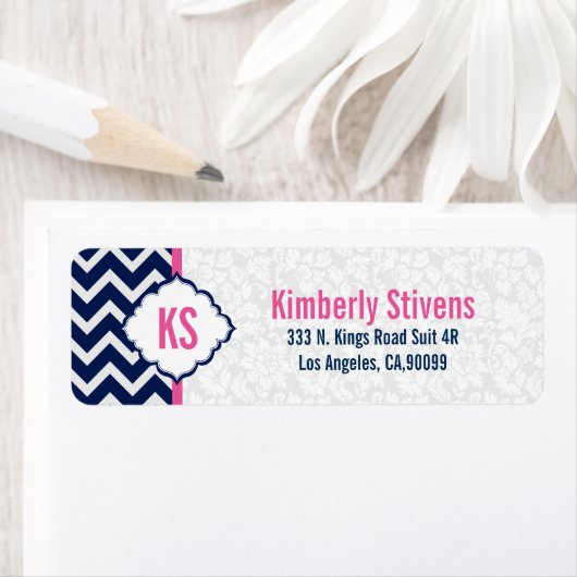 Witte damast en marineblauwe chevron etiket (Insitu)