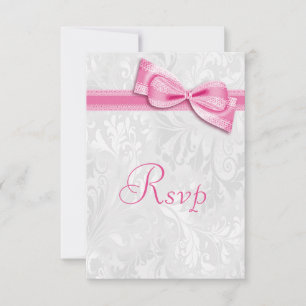Witte Damast en Roze Neppe Boog RSVP Kaartje