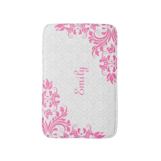 Witte damast en roze wervelingen badmat (Voorkant Verticaal)