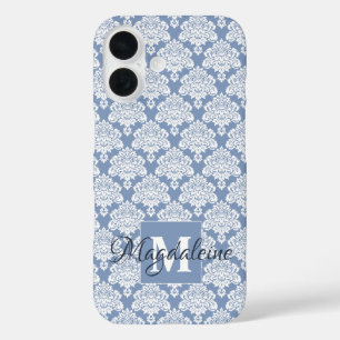 Witte Damast op Blauw Grijs Monogram & Naam  iPhone 16 Hoesje