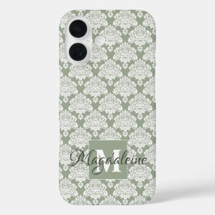 Witte Damast op Sage Groene Monogram & Naam  iPhone 16 Hoesje