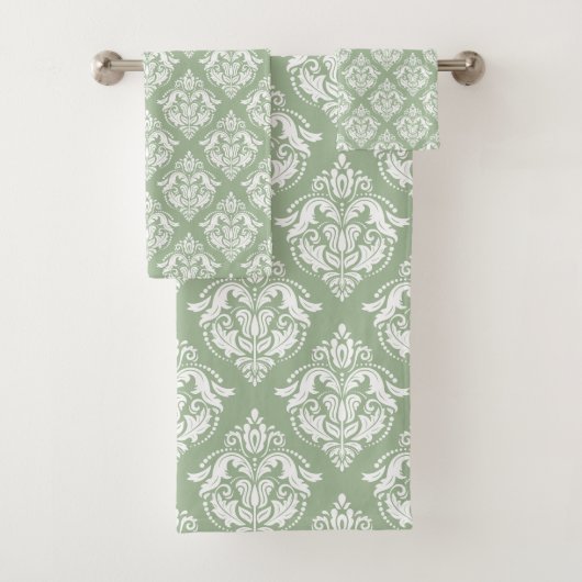 Witte damast patroon aangepaste sage groene achter bad handdoek (Insitu)
