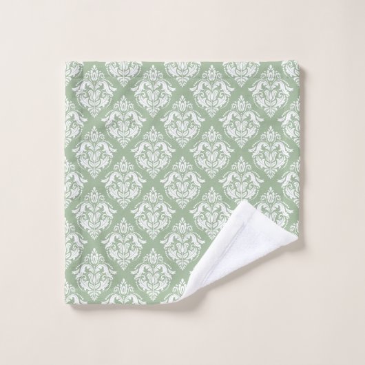 Witte damast patroon aangepaste sage groene achter bad handdoek (Wasdoekje)
