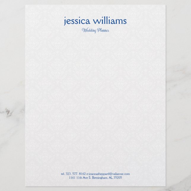 Witte Damasten Achtergrond Blauwe Typografie Briefhoofd (Voorkant)