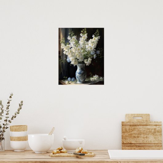 Witte Delphinium Bloemen Art Print Poster (Keuken)