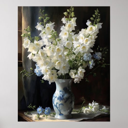 Witte Delphinium Bloemen Art Print Poster (Voorkant)
