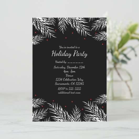 Witte dennen & rode bessen Zwarte uitnodigingen vo (Staand voorkant)