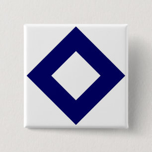 Witte diamant, blauwe grens vierkante button 5,1 cm