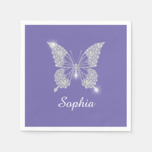 Witte Diamant Vlinder, Script Naam, Bleekblauw Servet