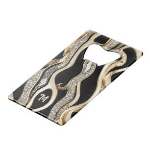 Witte diamanten en gouden zebrastrepen op zwart kredietkaart flessenopener