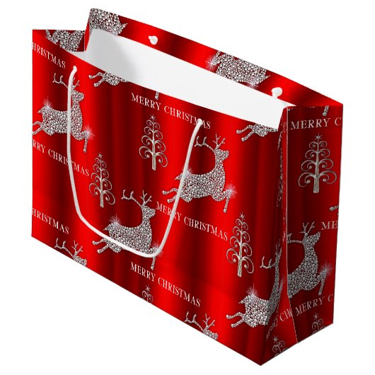 Witte diamanten rendieren sprankelende rode kerst groot cadeauzakje (Voorkant Gekanteld)