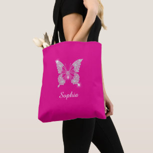 Witte Diamond Vlinder, Naam in Script, Fuchsia Draagtas