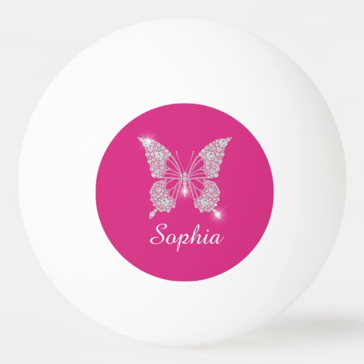 Witte Diamond Vlinder, Script Naam, Fuchsia Pingpongballen (Voorkant)