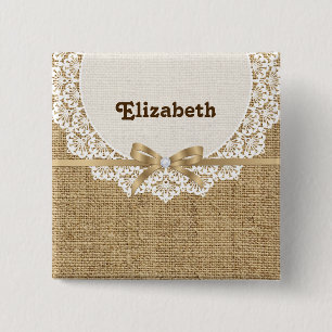 Witte doily met kant en linnen natuurlijke jute vierkante button 5,1 cm