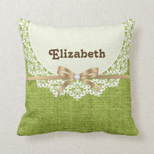 Witte doily met kant & limoen groen gekleurde burl kussen