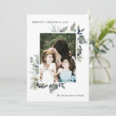 Witte donkergroene kerstfoliage foto feestdagenkaart (Staand voorkant)