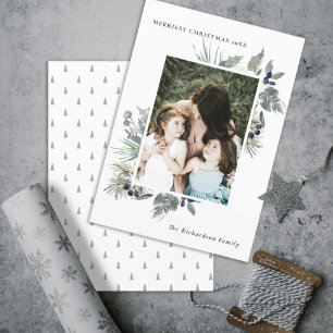 Witte donkergroene vrolijk kerstblad foto feestdagenkaart