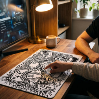 Witte Doodle Art Gaming Iconen Muismat