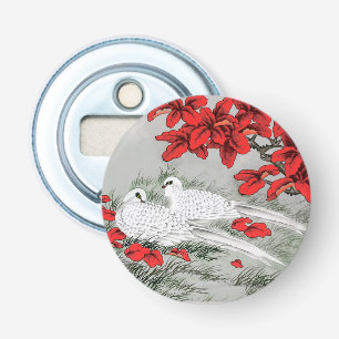  witte doven en rode bladeren op grijs / grijs button flesopener