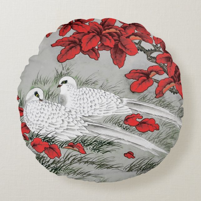 witte doven en rode bladeren op grijs / grijs rond kussen (Voorkant)