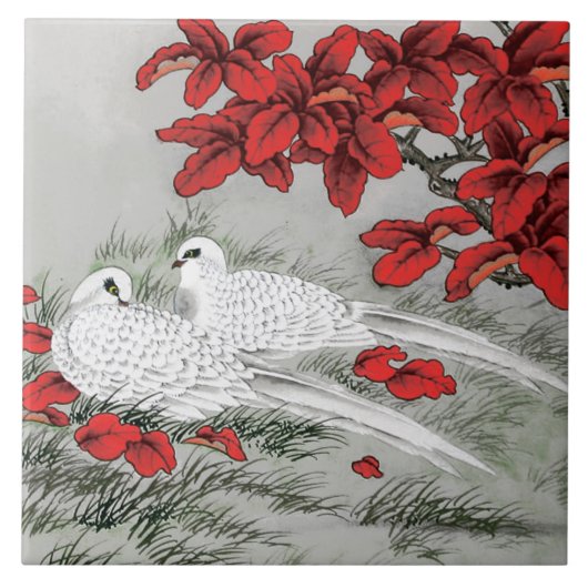 witte doven en rode bladeren op grijs tegeltje (Voorkant)