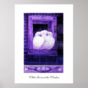 WITTE DOVES IN HET VENSTER, blauw paars Poster
