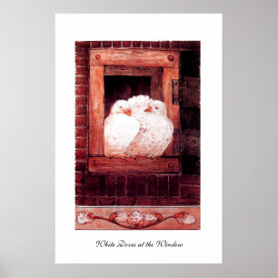 WITTE DOVES IN HET VENSTER, rood roze Poster