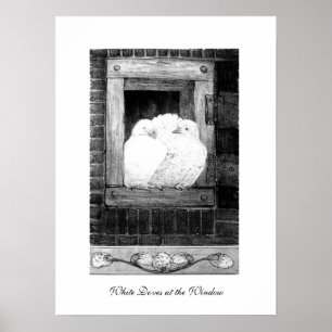 WITTE DOVES IN HET VENSTER, zwart-wit Poster