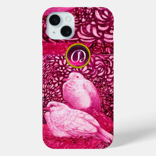 WITTE DOVES IN PINK FUCHSIA MONOGRAM iPhone 15 MINI HOESJE