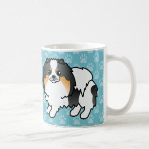 Witte driekleurige jas Pomeranian honden op blauw Koffiemok