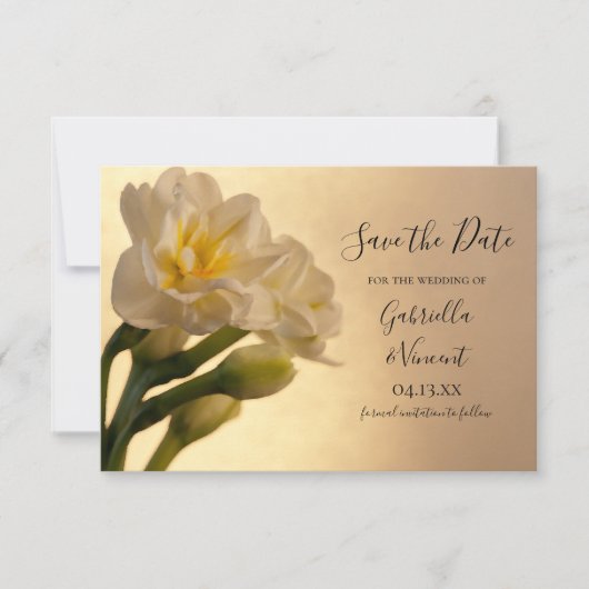 Witte Dubbele Daffodils Weddenschap Save the Date (Voorkant)